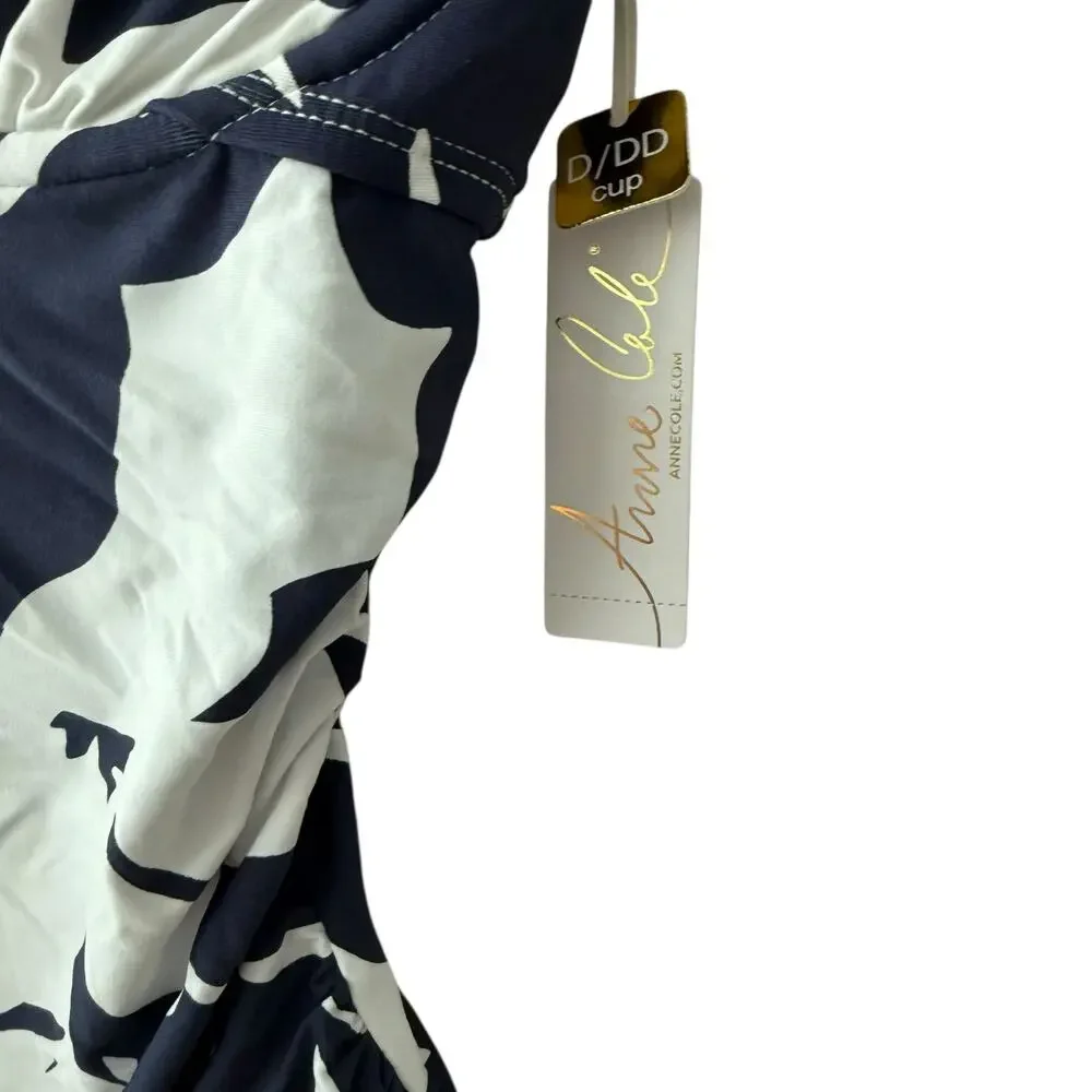 Anne Cole V-Wire Navy White Tropical Palm Print Tankini Swim Top 36DD/38D